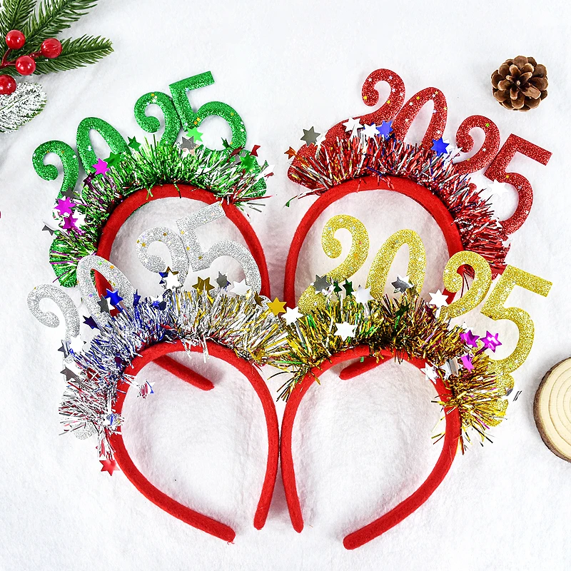 2025 Happy New Year Headband Glitter Sequins Christmas Headpiece New Year's Eve Festival Party Decor Headband Xmas Photo Props