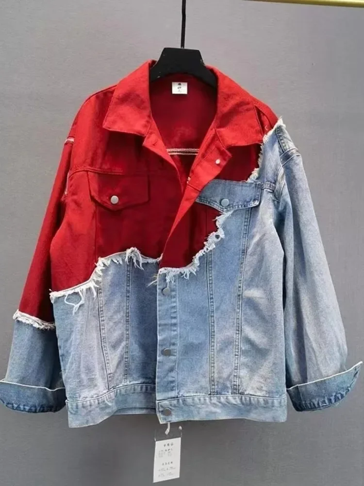 2024 spring new Korean loose contrast color stitching fake two BF wind broken hole rough edge Denim Jacket Women's fashion