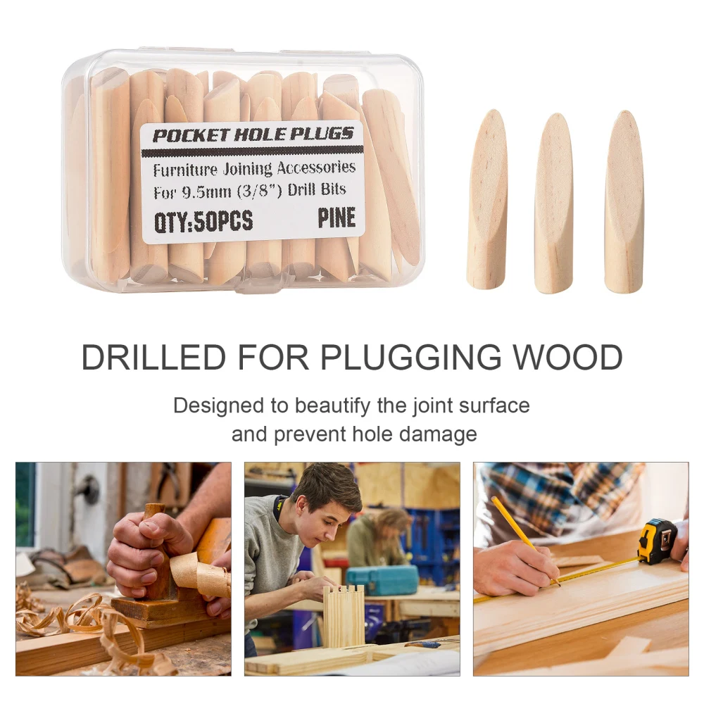 50pcs Portable Solid Wood Pocket Hole Plugs Woodworking Furniture Joining Accessories DIY For 9.5MM Drill Bits With Storage Case