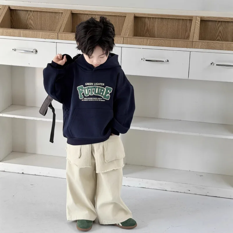 

2026 Spring Autumn Cotton Children's Clothing Letter Long Sleeve Hood Loose Sweatshirt Boy Pullover Unique Top 2-12 Year Toddler