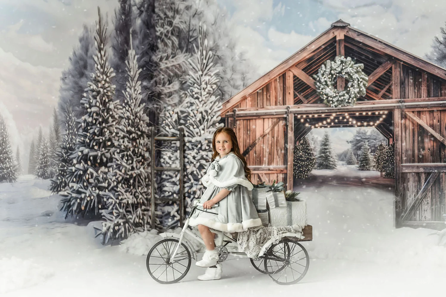 Snowy Mountain Tree Farm Backdrops Kids Family Photography Props Snowy Forest Wooden Farm House Front Backgrounds