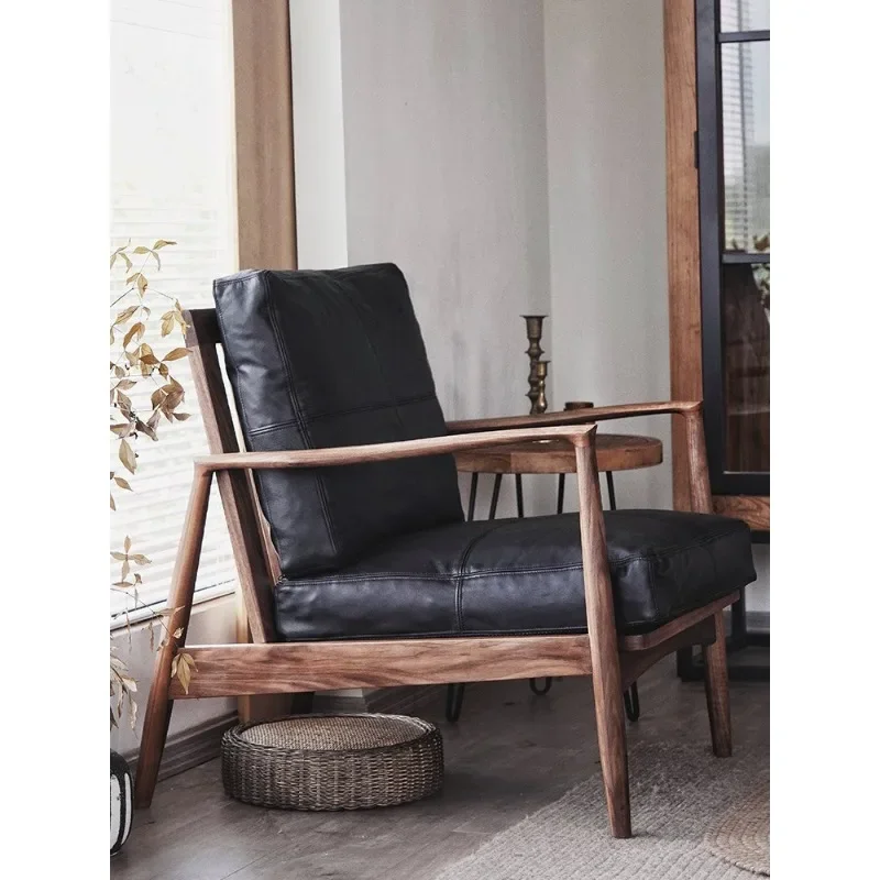 

Single sofa, black walnut solid wood, leisure chair designer, balcony light luxury sofa chair