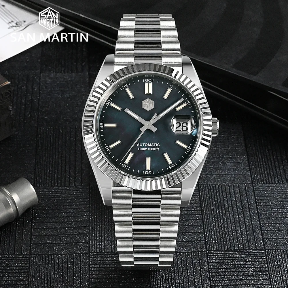 

San Martin Original Men Watch 40mm MOP Dial Retro Busine Luxury Sapphire PT5000 Automatic Mechanical Carving Fluted Bezel 10Bar