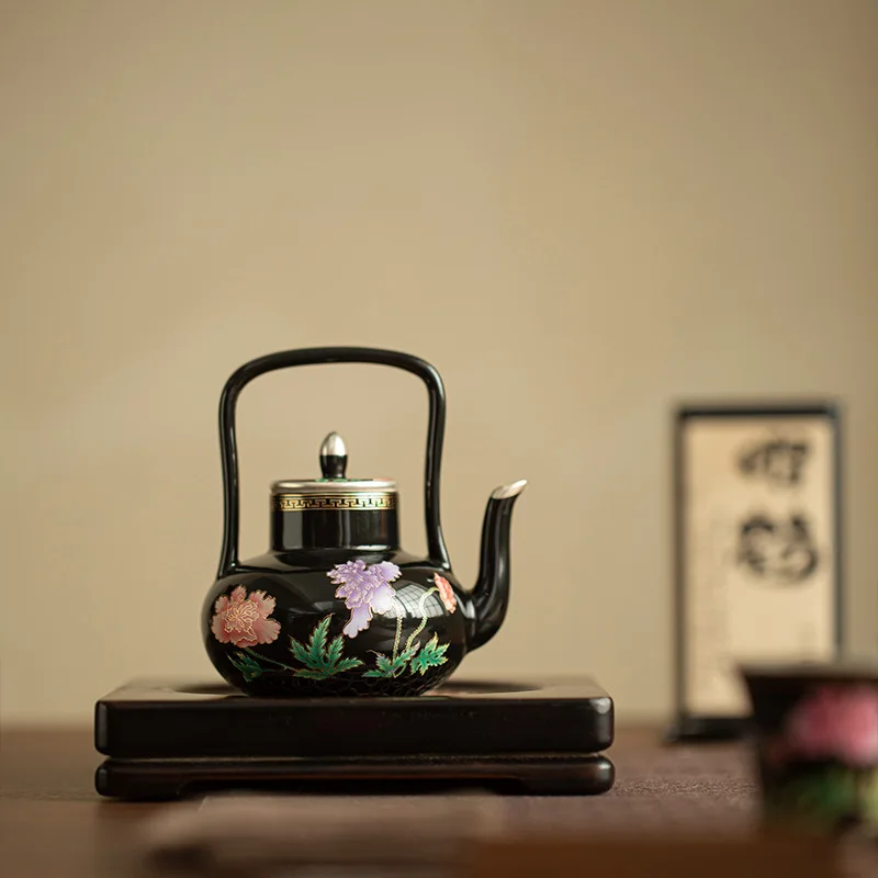 Jingdezhen Silver Gilded Handmade Lifting Beam Teapot Exquisite Palace Lantern Teapot Kung Fu Tea Set for Home Tea Ceremony