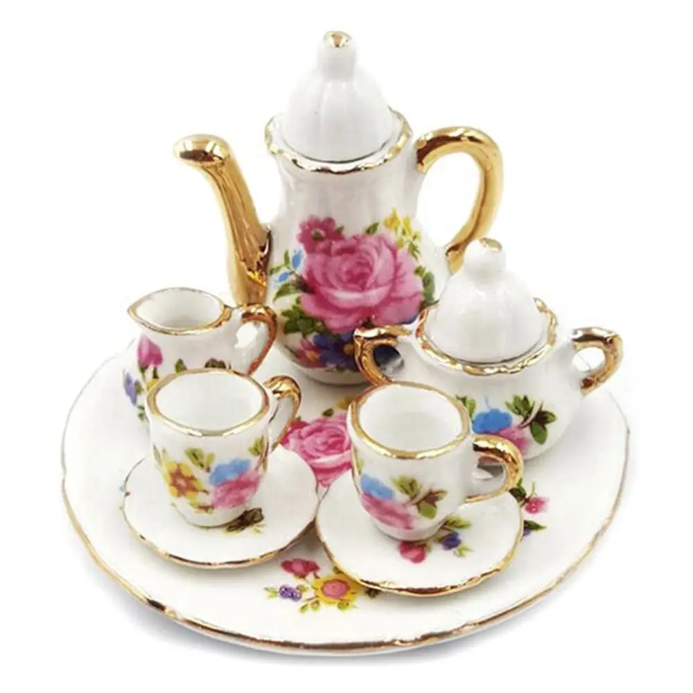 Floral Print Dollhouse Dinnerware Dish Plate Pink Rose Doll Porcelain Tea Set 1:12 Colorful Miniature Cups Pot Children's Toy