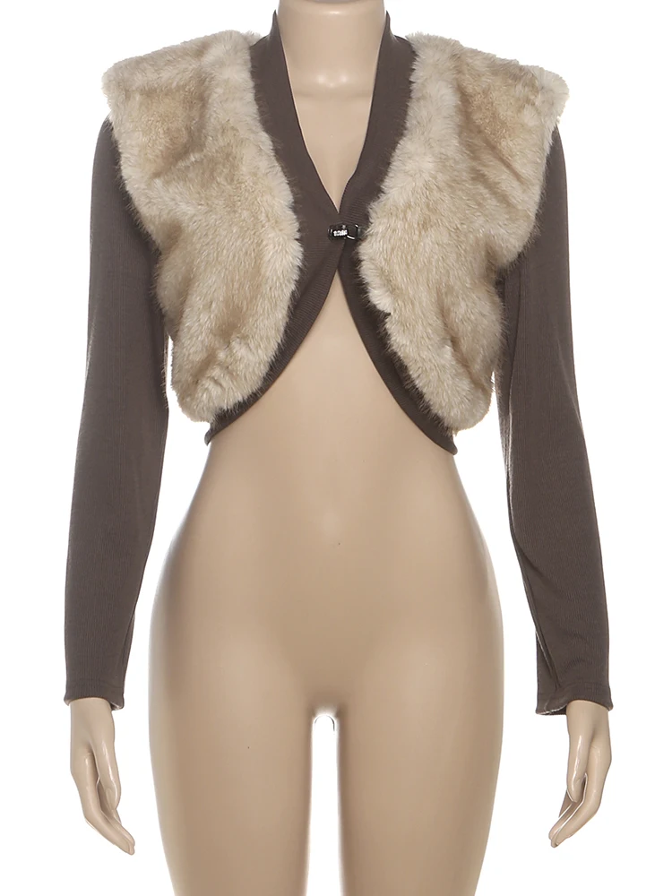 Kliou peludo retales Tops mujer otoño tendencia de una sola hebilla Cardigan manga completa ombligo expuesto a las niñas abrigos de estilo de calle