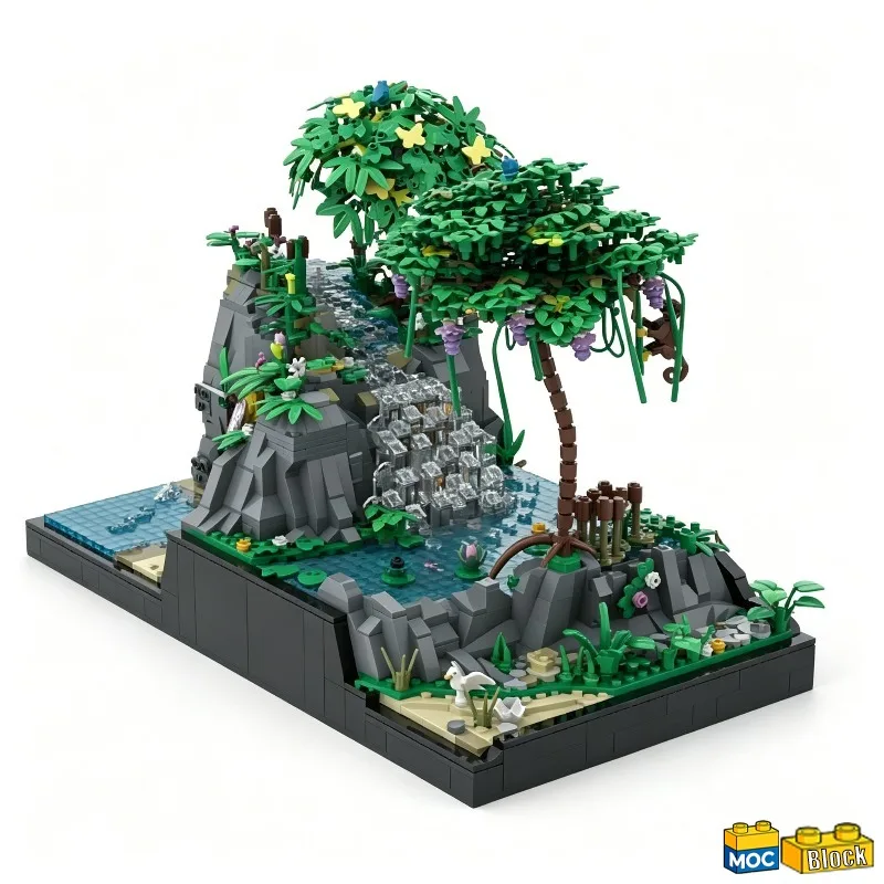 2780Pcs Floral Lake Ii Secret Cave, Waterfall & Tiki Booby Trap | Modular Extension For Paradise Cove Flower Lake Blocks Gift