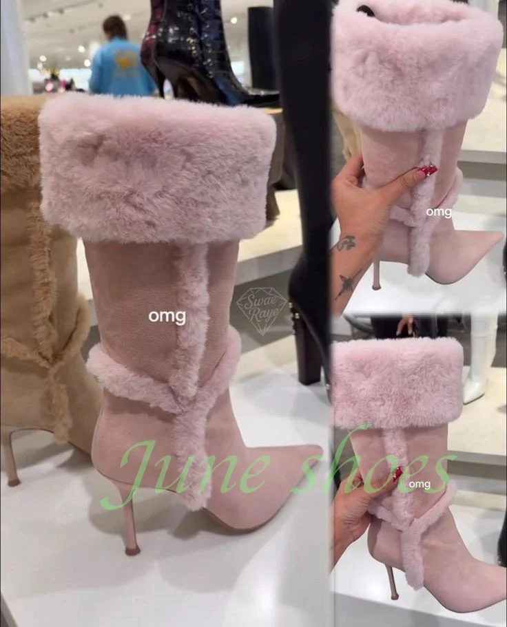 Botas hasta la rodilla con punta estrecha para mujer, vestido cálido de invierno, estilo gladiador de ante rosa, estilo Lolita, talla 3446