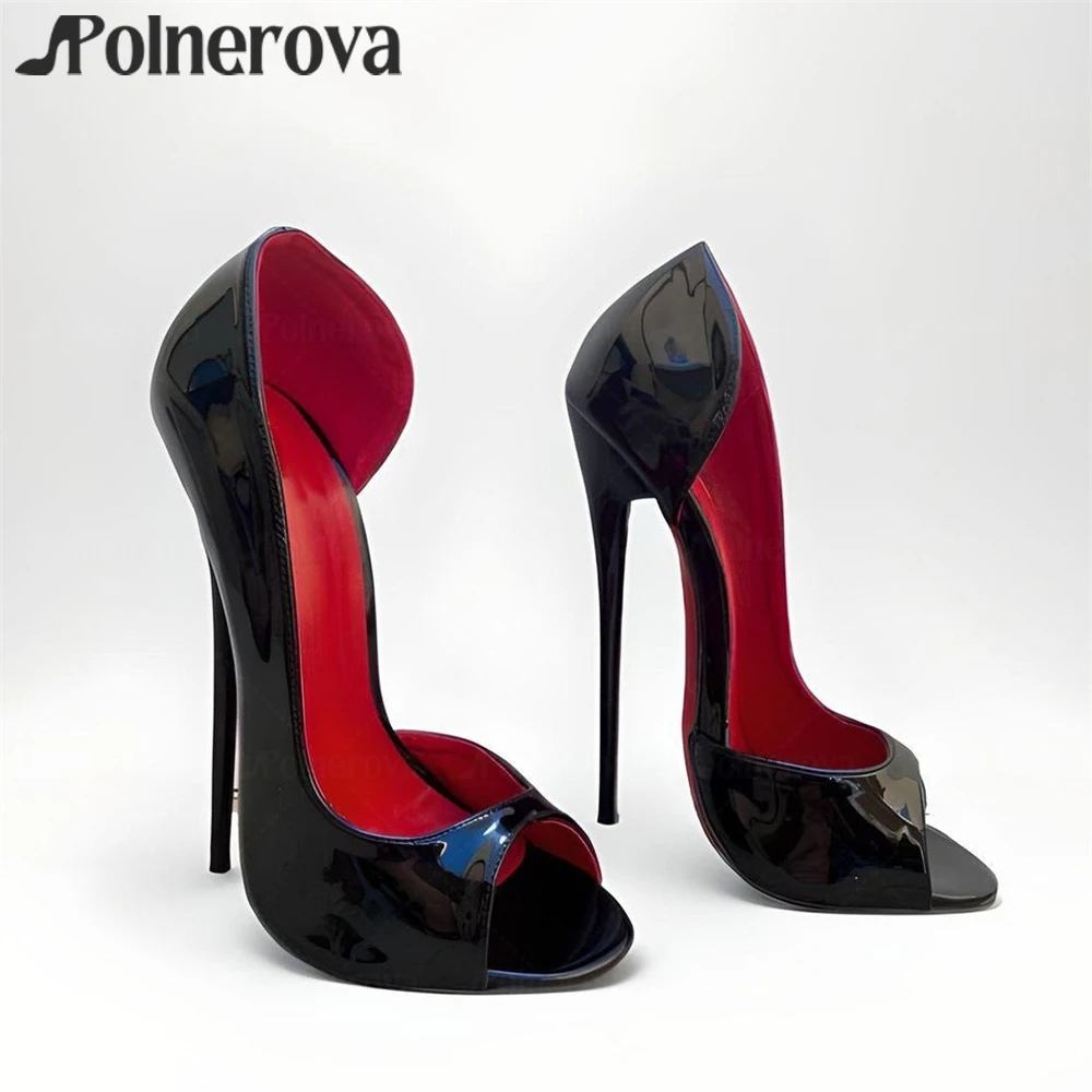 16cm Peep Toe Pumps Sexy Super High Heeled Women Shoes Black Patent Leather Red Lining Fashion Stilettos Handmade Customization