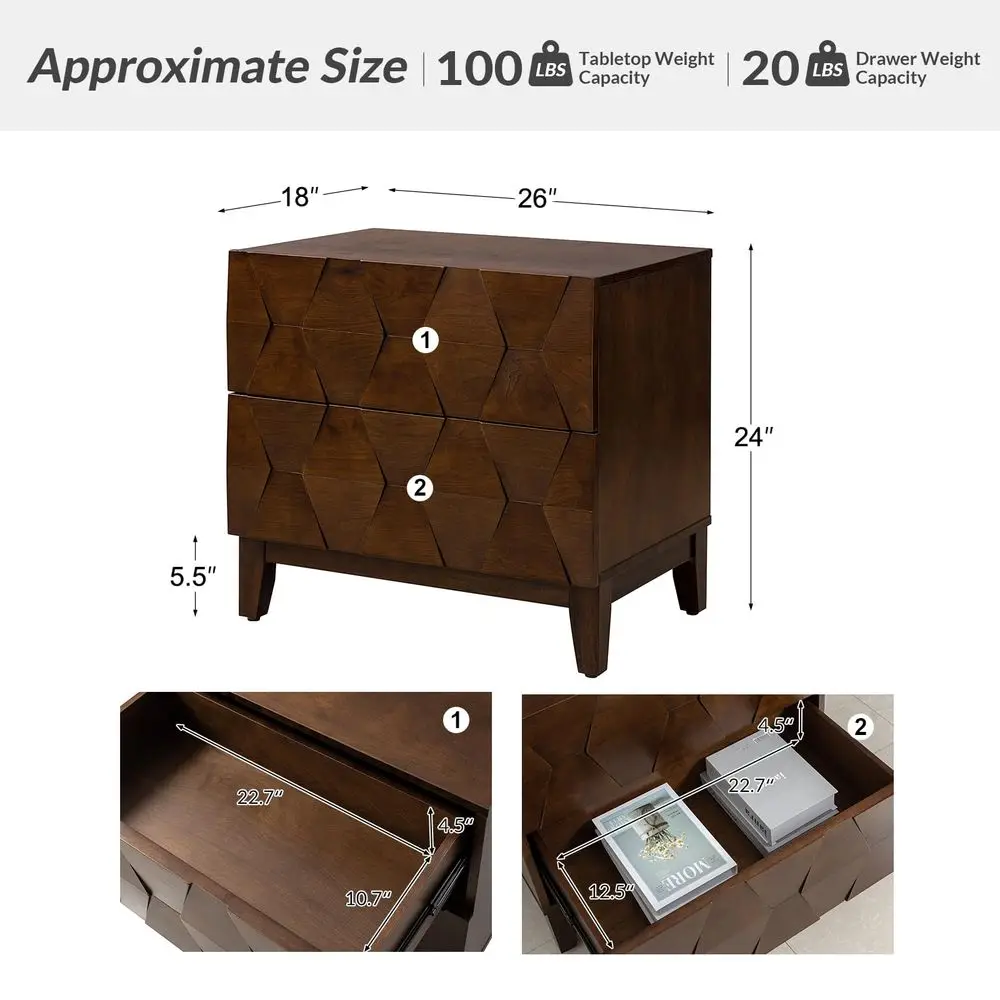 

Modern End Tables Set of 2 with Charging Station, 2 Drawers Side Table with Solid Wood Legs, Walnut