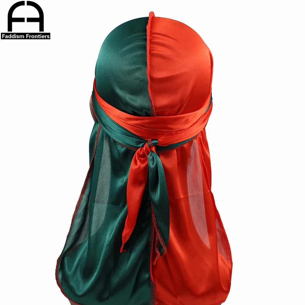 Unisex Men Two Tones Silk Durag Outside Stitching Silky Durags Bandana Headwear Turban Hat Waves Cap Long Straps Du Rag