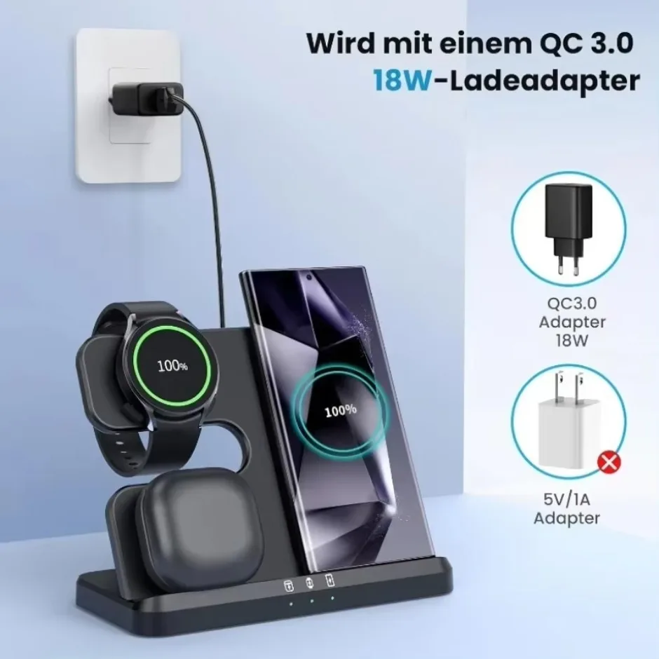 3 في 1 قاعدة شحن سريعة محطة شاحن لاسلكي حامل لسامسونج Z أضعاف 5 4 3 S24 S23 غالاكسي ساعة 2-9 نشط 2 سماعات الأذن برو