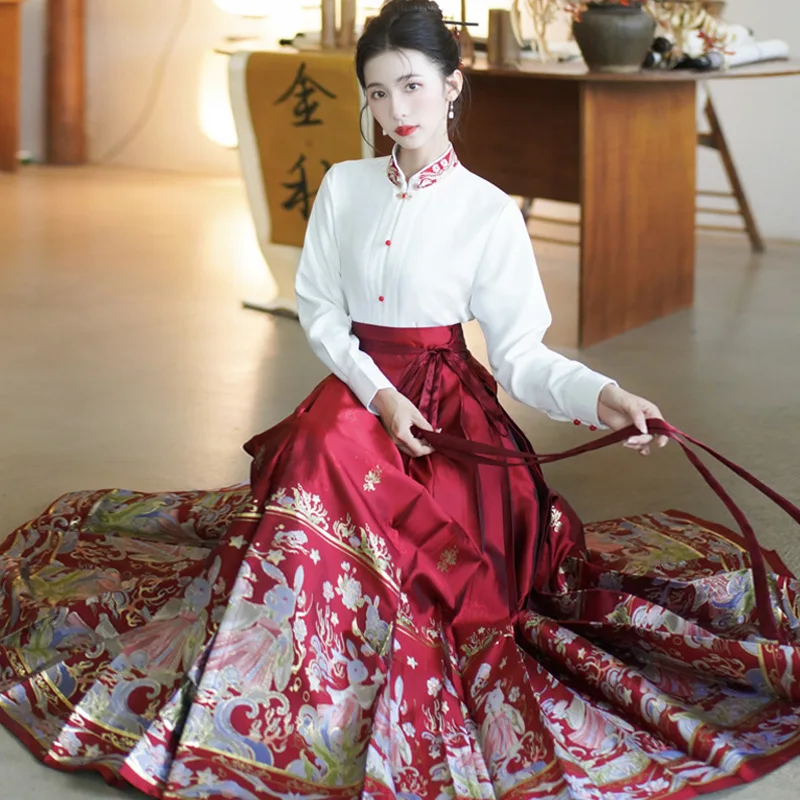 

Luxury Chinese Dress Traditional Clothes Han Fu For Women Winter Embroidered Top Woven Gold Horse Face Skirt Set Ming Dynasty