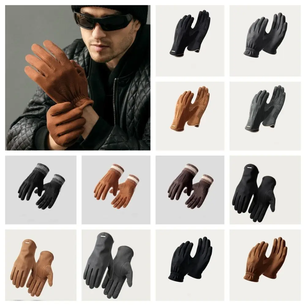 

Touch Screen Men Full Finger Mittens Warm Cycling Gloves Man Suede Gloves Thicken Ski Mittens Five Finger Driving Gloves