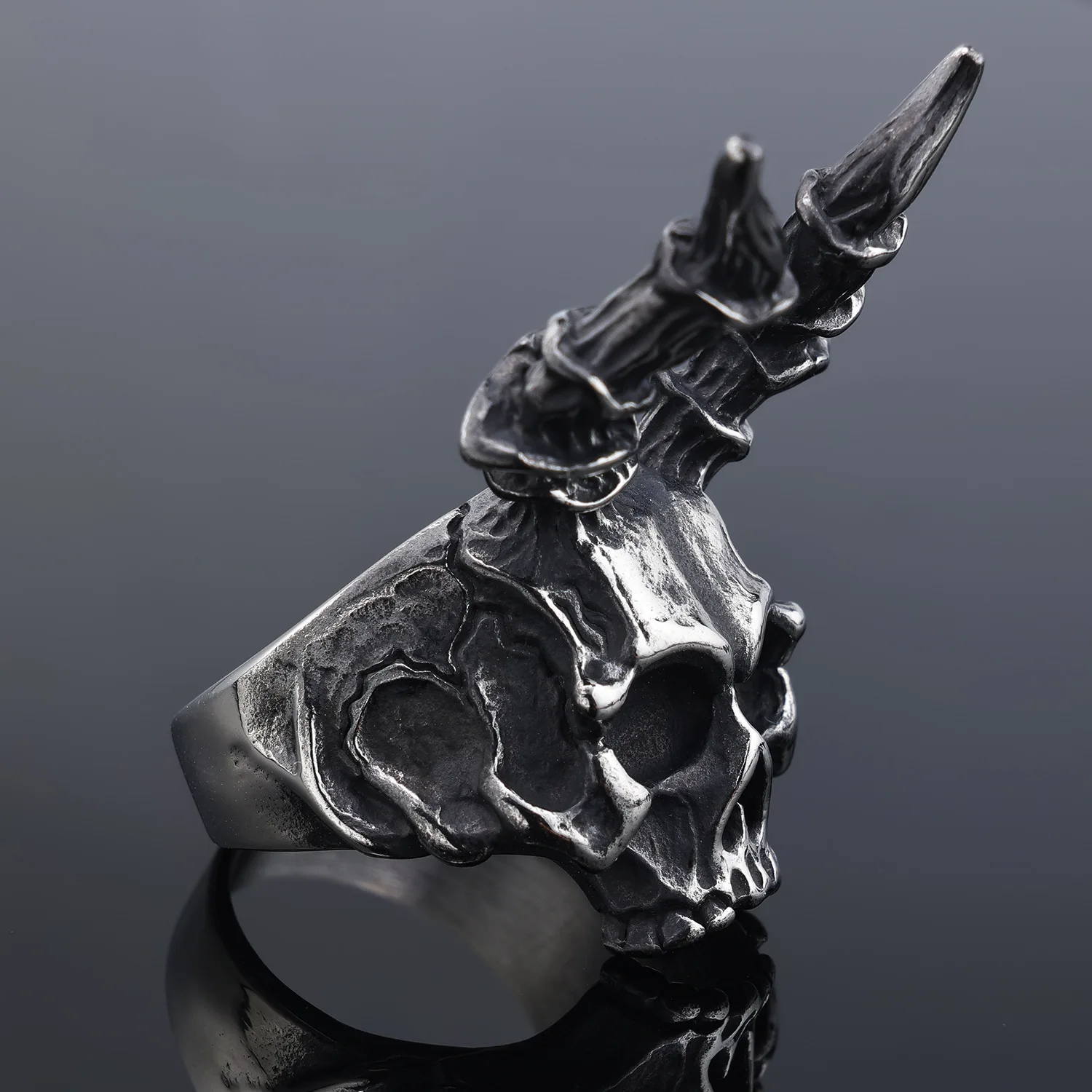 Classic Fashion Gothic Heavy Duty Long Horned Skull Stainless Steel Ring Men's Biker Rock Party Exorcist Jewelry Gift Ring