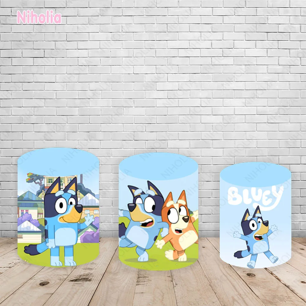 Cartoon Animation Bluey Theme Round Backdrop Cover Kid Boy Birthday Party Background Photography Cylinder Banner Decor Banner