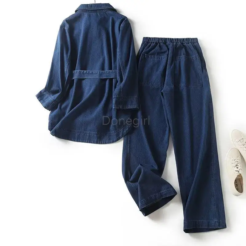 Donegirl 2023 New Women Fashion Belt Denim Shirt Coat Casual Simple Blouses High Waist Long Pants Suit Commute Set Female Chic