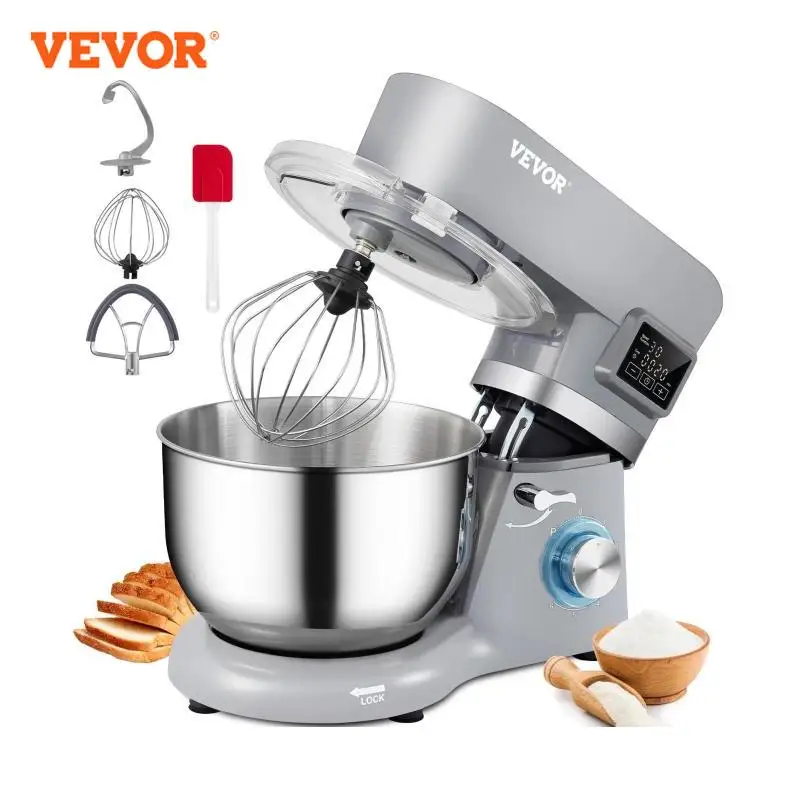 VEVOR 5.5/7L Electric Stand Mixer with 6 Speeds LCD Screen Timing Food Mixer Cream Egg Whisk Whip Dough Kneader With Steel Bowl