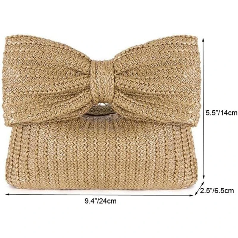 Handmade Straw Bow Tote Handbag for Women 2024 Summer Beach Woven Evening Hobo Bag for Party Wedding Travel Wristle Clutch Purse