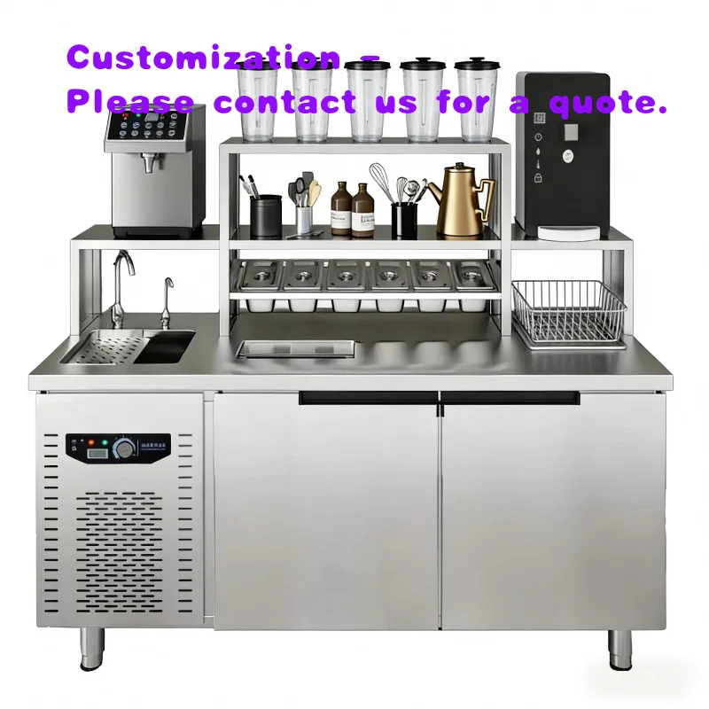 custom.Ruineng Customized Stainless Steel 201/304 Multi-functional Double Milk Tea Worktable Refrigeration Coffee Shop Cou