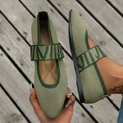 Vintage Knit Ballet Flat Woman Fashion Point Toe Loafers Ladies Designer Style Ballerina Shoes with Embroider Belt Flat Shoes