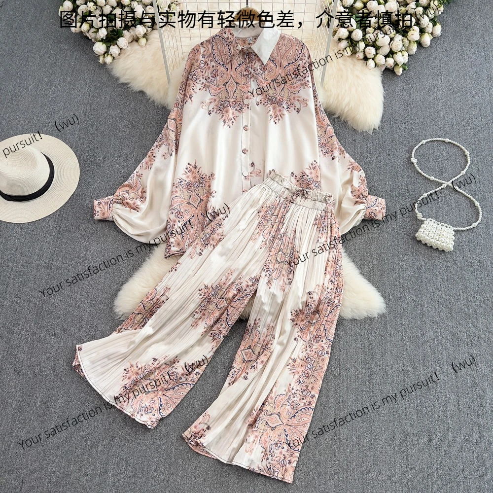 Modischer Anzug für Damen, europäisches und amerikanisches Hemd mit lockeren Laternenärmeln, lässig, hohe Taille, plissiert