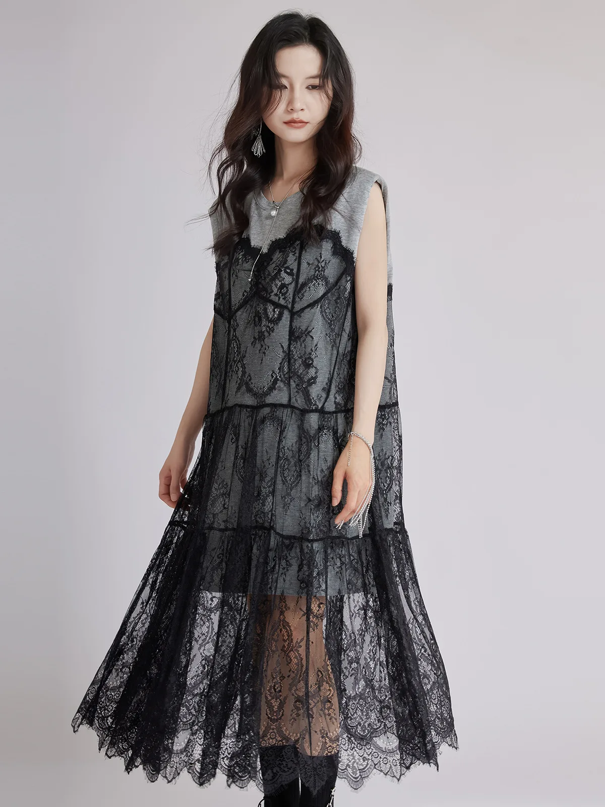 Tannt Women Dress Lace Patchwork Fake Two-piece Sleeveless Perspective Sexy Dresses Color Matching Fashion Long Summer Dresses