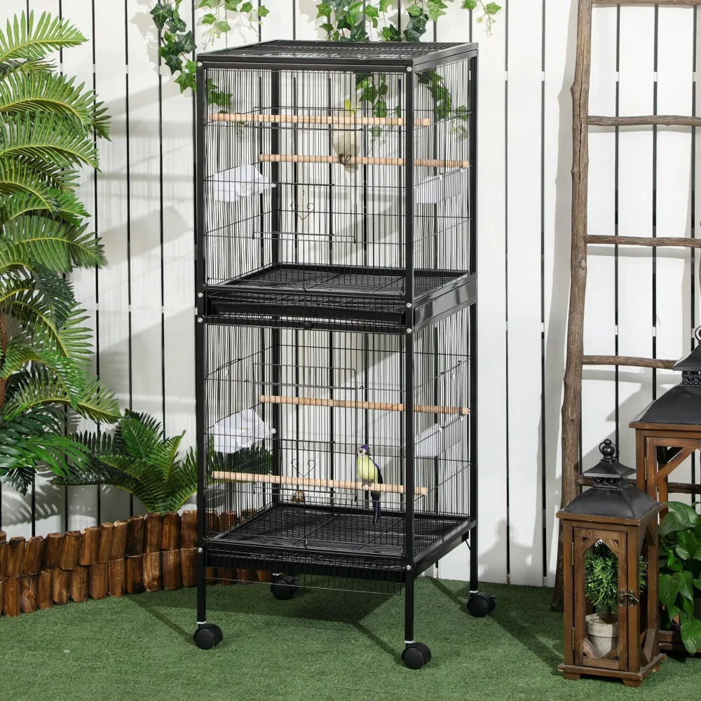

Black Expandable Double Bird Cage – Wheeled, Multi-Door Design with Perches & Slide-Out Trays