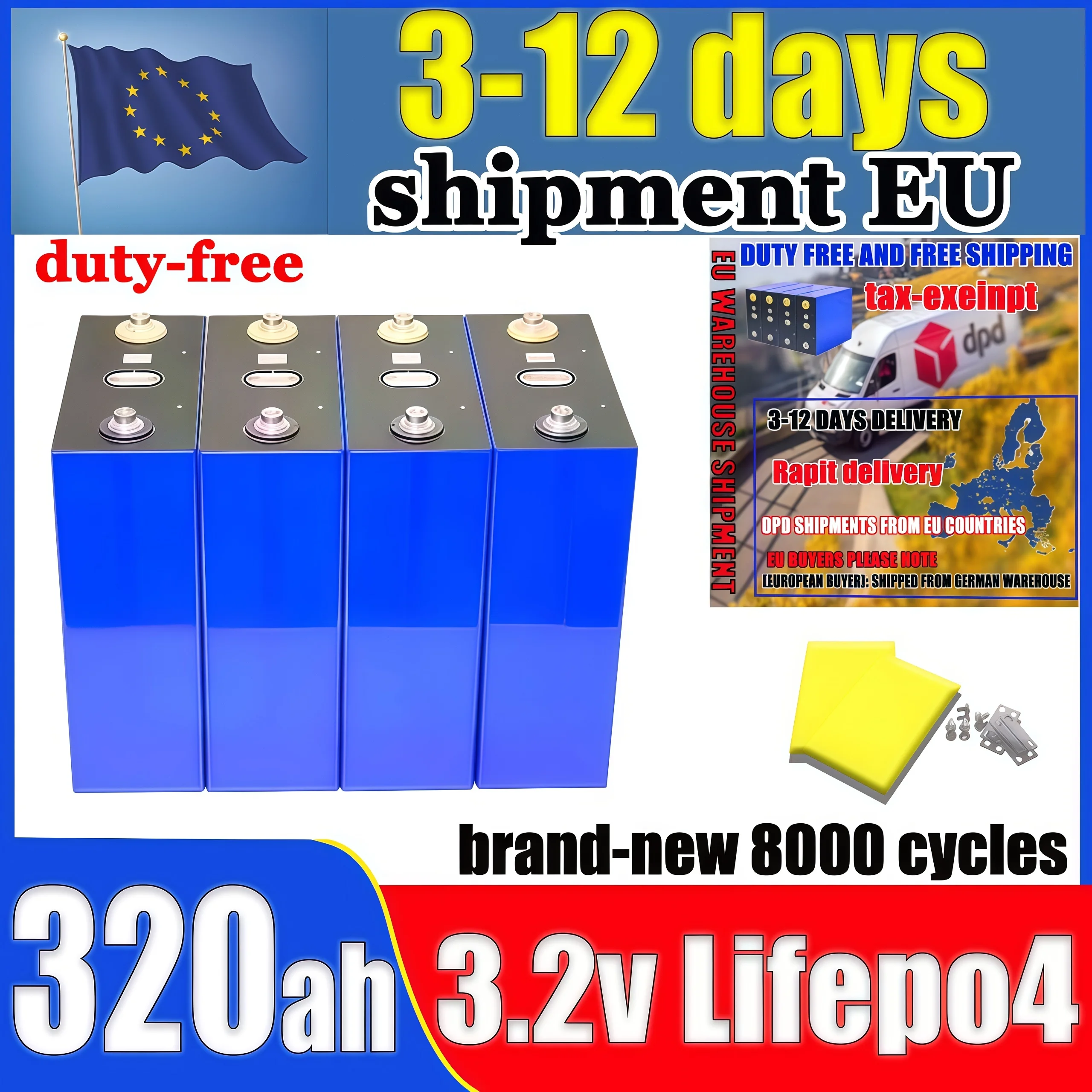 Grade A  3C New 3.2V 320ah 340ah Lifepo4 Battery 8000 Cycle RV Marine Solar Energy storage Rechargeable Battery DIY 12V 24V 48V
