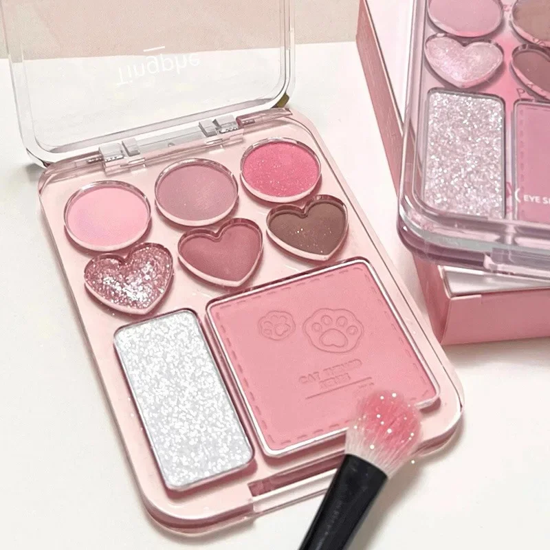 Paleta de sombras rosa laranja, 8 cores, blush facial, iluminador, duradouro, em forma de coração, maquiagem, cosméticos