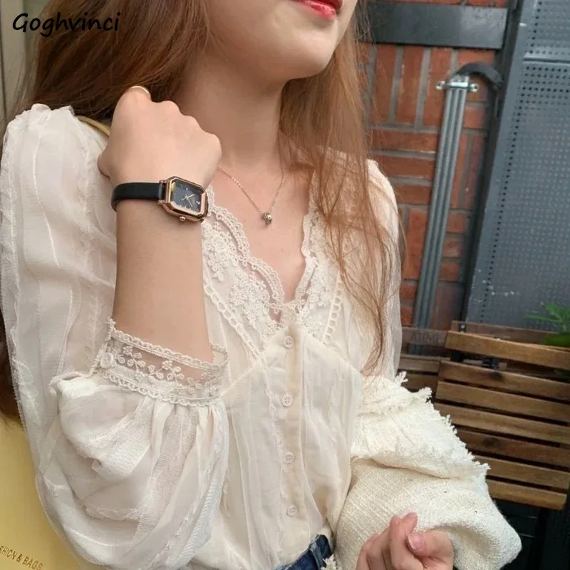 

Lantern Sleeve Shirts for Women Young College Clothing Korean Style Spring Autumn Inside Chic Casual All-match Solid Gentle