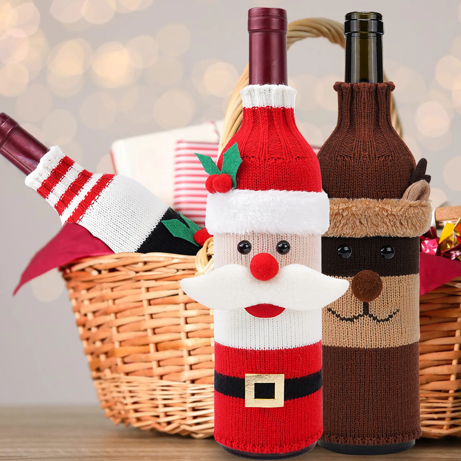 3pcs Santa Claus Wine Bottle Cover Cute Knitted Champagne Jacket Festival Dining Table Decorative Props 2024 Christmas Ornaments