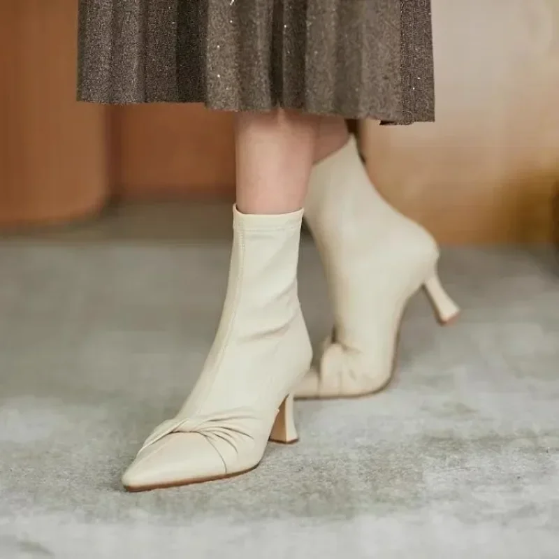Botas puntiagudas con cremallera para mujer, zapatos de tacón fino, Stilettos de barril corto, vestido Sexy sólido, moda de otoño, 2024