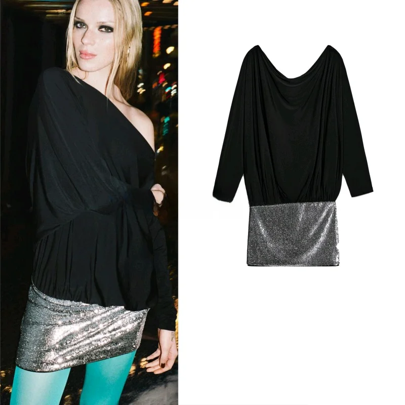 شتاء جديد بسيط ort Sve بكتف واحد اللون Blo الترتر مزين ort Dr المرأة Faion Ci تخفيف البوليستر #1