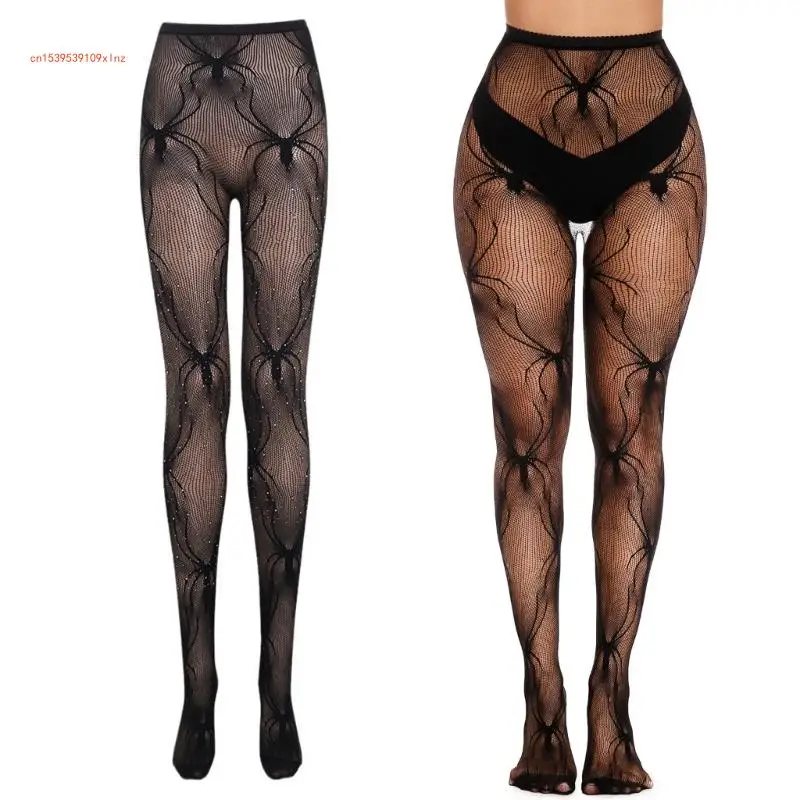 

Black Spiderweb Fishnet Tights Women Hollowed Mesh Rhinestones Pantyhose Hosiery