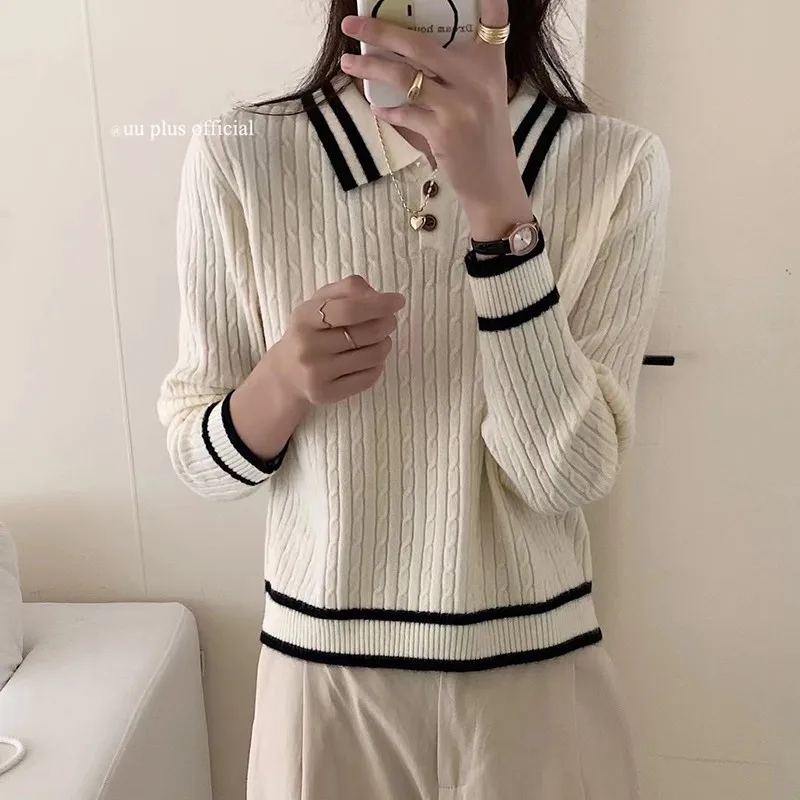 Polo Collar Knitted Sweater Women Slim Contrast Color Long Sleeve Bottoming Top