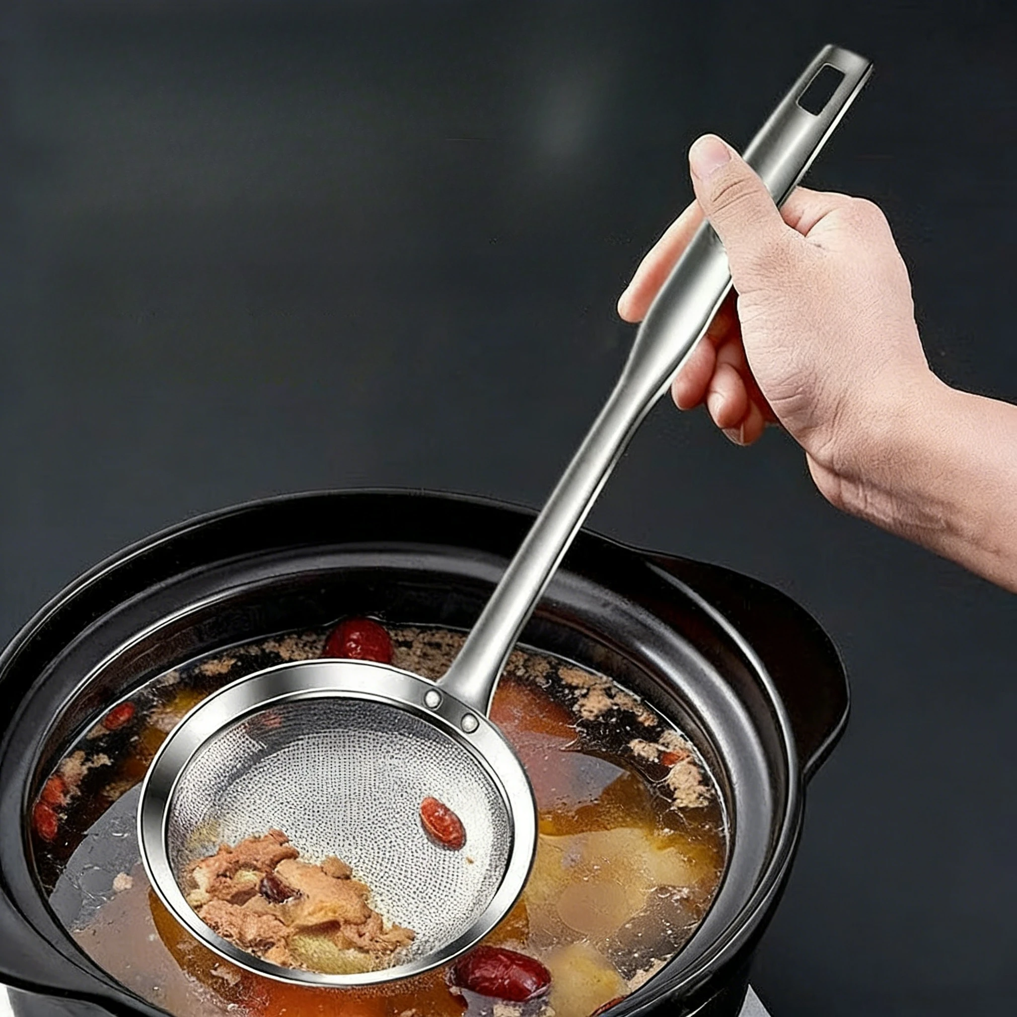 

Прочная ложка-фильтр для остатков, нержавеющая сталь 304, мелкоячеистый фильтр для еды, длинная ручка, скиммер, ложка, дуршлаг, кухонная утварь