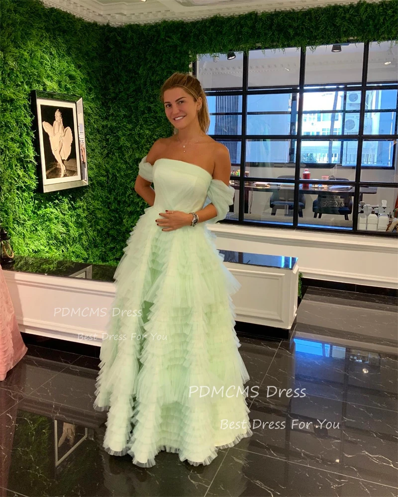 Modern Green Off Shoulder Puffy Prom Dresses Pretty Tiered Ruffles A Line Celebrity Party Gowns Custom Made Women Pageant Dress