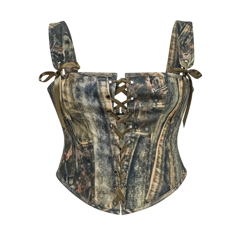 

Винтажный корсет с принтом под масляную живопись, на шнуровке, женский бюстье, с регулируемыми бретелями, универсальный, цвет тан