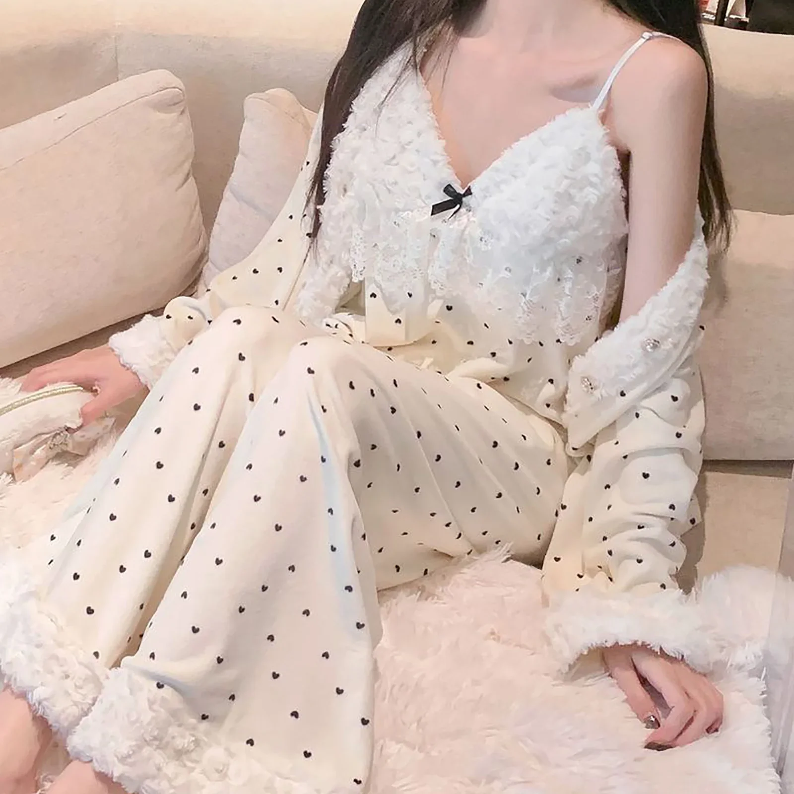 M-XL New Cute Double Sided Island Velvet Pajamas for Women's Autumn Winter New Butterfly Knot Warm Three Piece Home 3PCS Suit