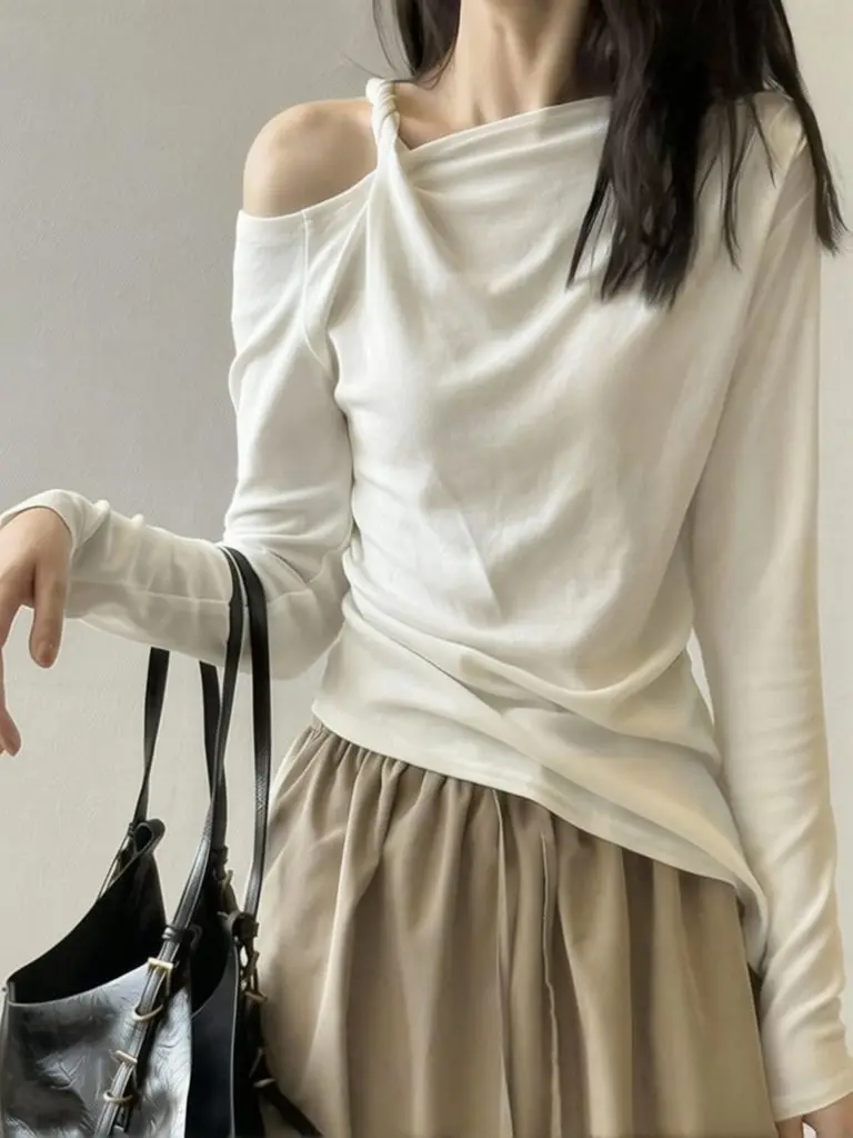 Elegant Twist Strap Off Shoulder Top Women Aesthetic Designer One Shoulder Long Sleeve T Shirt Fall Basic Tees Spring Outwear
