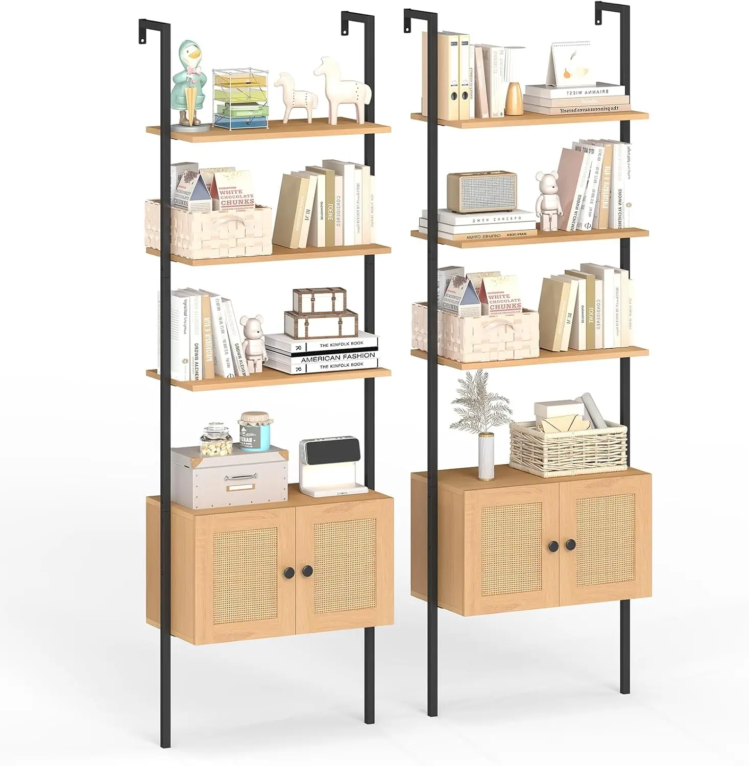 

Wall-Mounted Ladder Shelf, Boho 5-Tier Bookshelf with Rattan-Door Cabinet, Wooden Open Storage Shelves with Metal Frame,