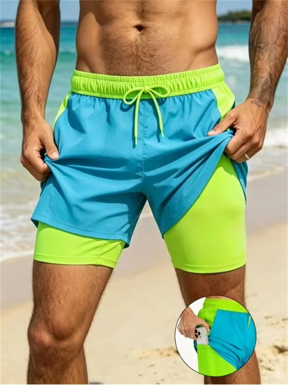 New men's summer double-layer quick-drying compression lining suitable for fitness, sports, surfing, beach shorts drawstring