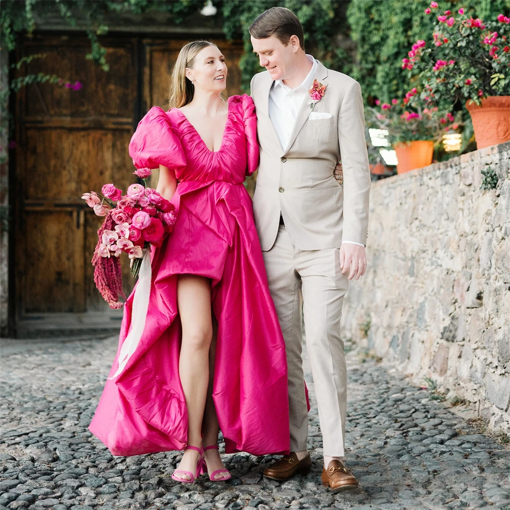 20103# Stunning Fuchsia Puffy Sleeves Taffeta Wedding Dress For Bride High Low V-neck Bridal Gown Vestido De Novia Customzied