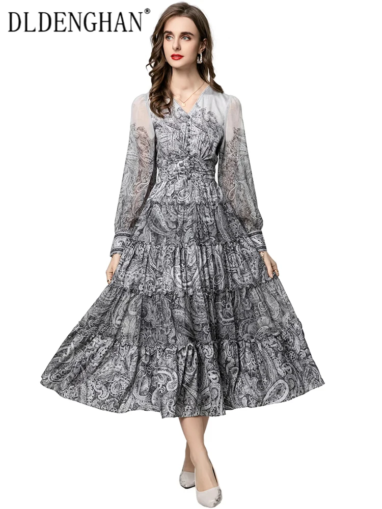 

DLDENGHAN Women's V-Neck Lantern Sleeve Ruffles Vintage Print Dresses Fashion Summer New