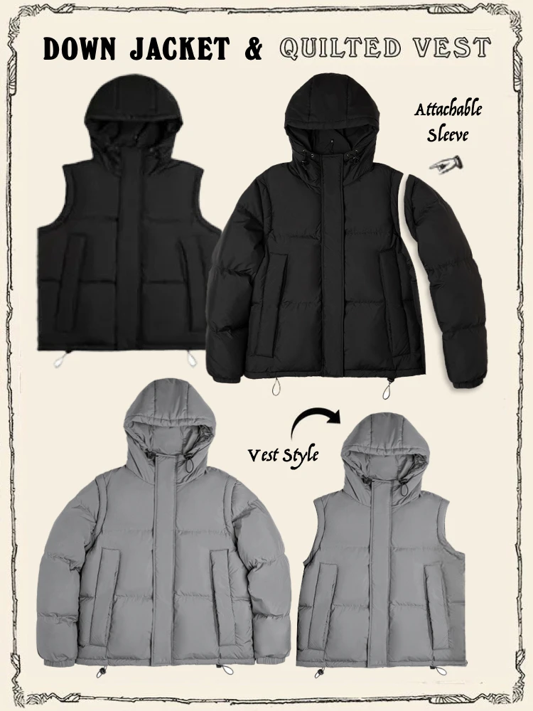 

Double Joy Detachable Sve down Jaet American Casual Fluffy Du down Warm Hooded Bread Sle down Vest Men's Faion Urb...