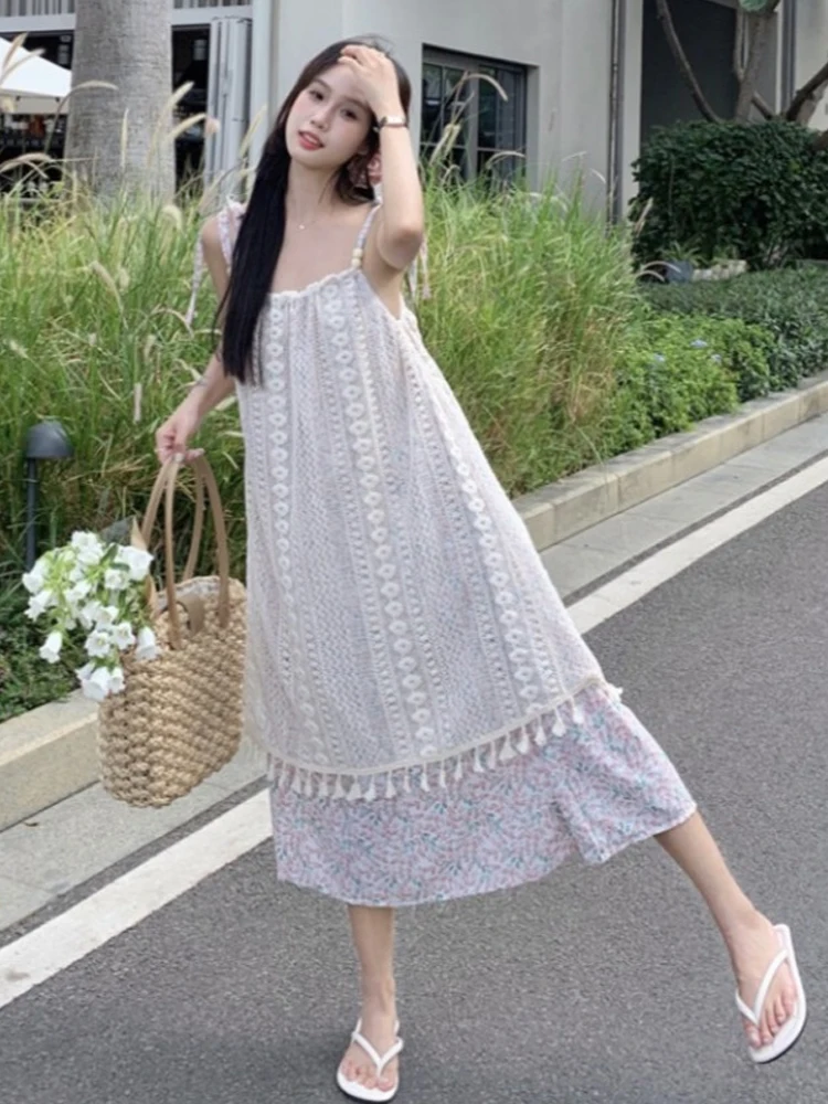 Vestido Floral ter F Chic Retrô com Franjas e Detalhes em Camadas, Saia A-Line Doce para Férias, Moda Fena Prim...