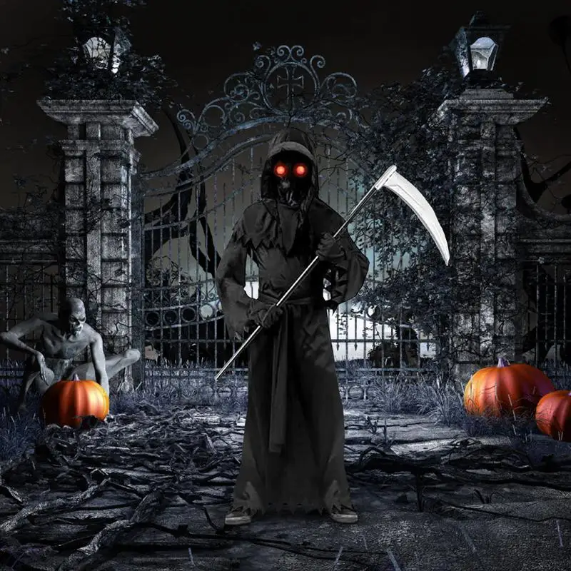 Grim Reaper Costume Adult Men Deluxe Scythe Cosplay Halloween Cosplay Scythe Outfit Scary Ghost Cloak Cape Glowing Red Eyes