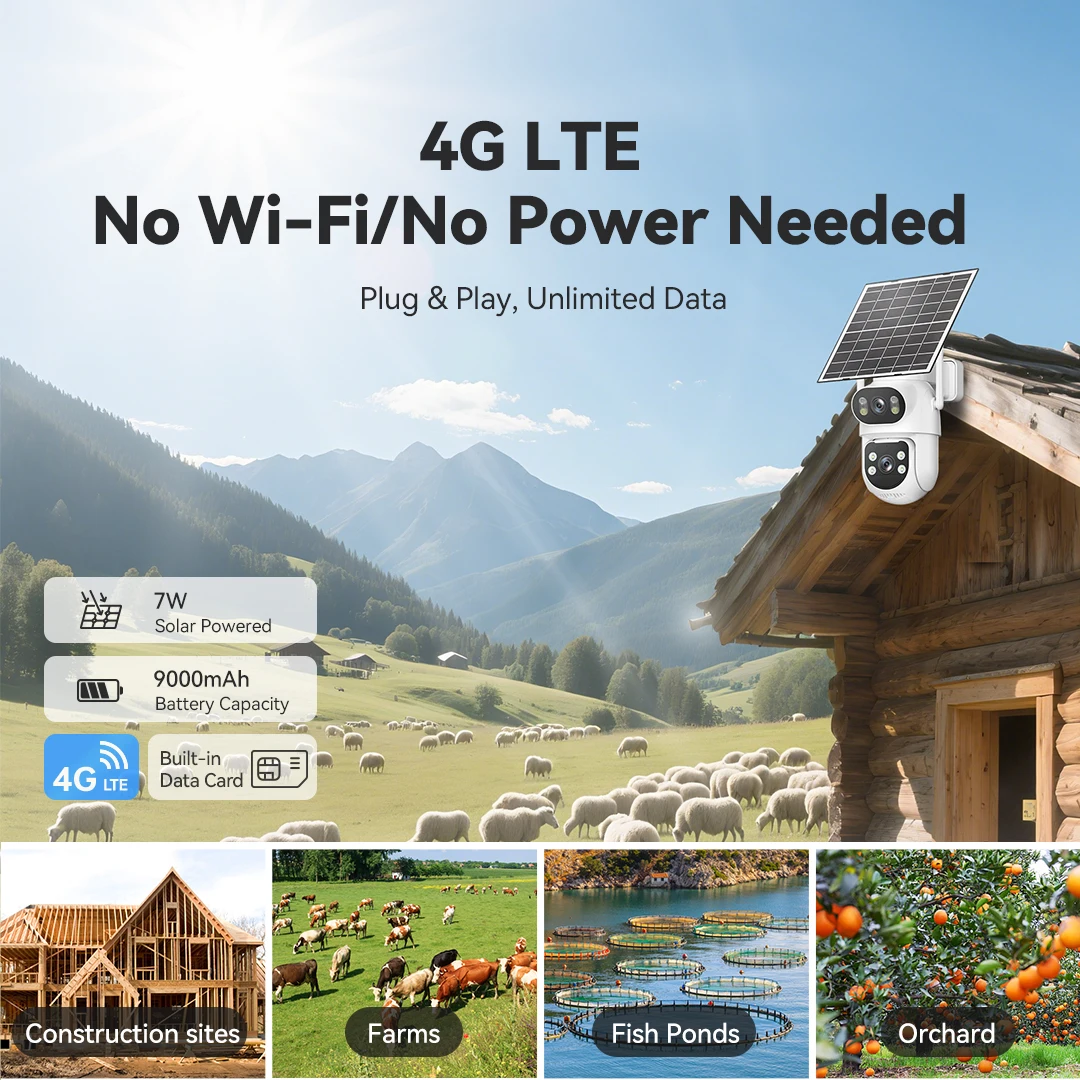 Yoosee RA3-4G AI 4G LTE Solar Power Outdoor Camera 2MP+2MP Ultra HD Built-in Data Card Human Vehicle Detection Dual Lens View
