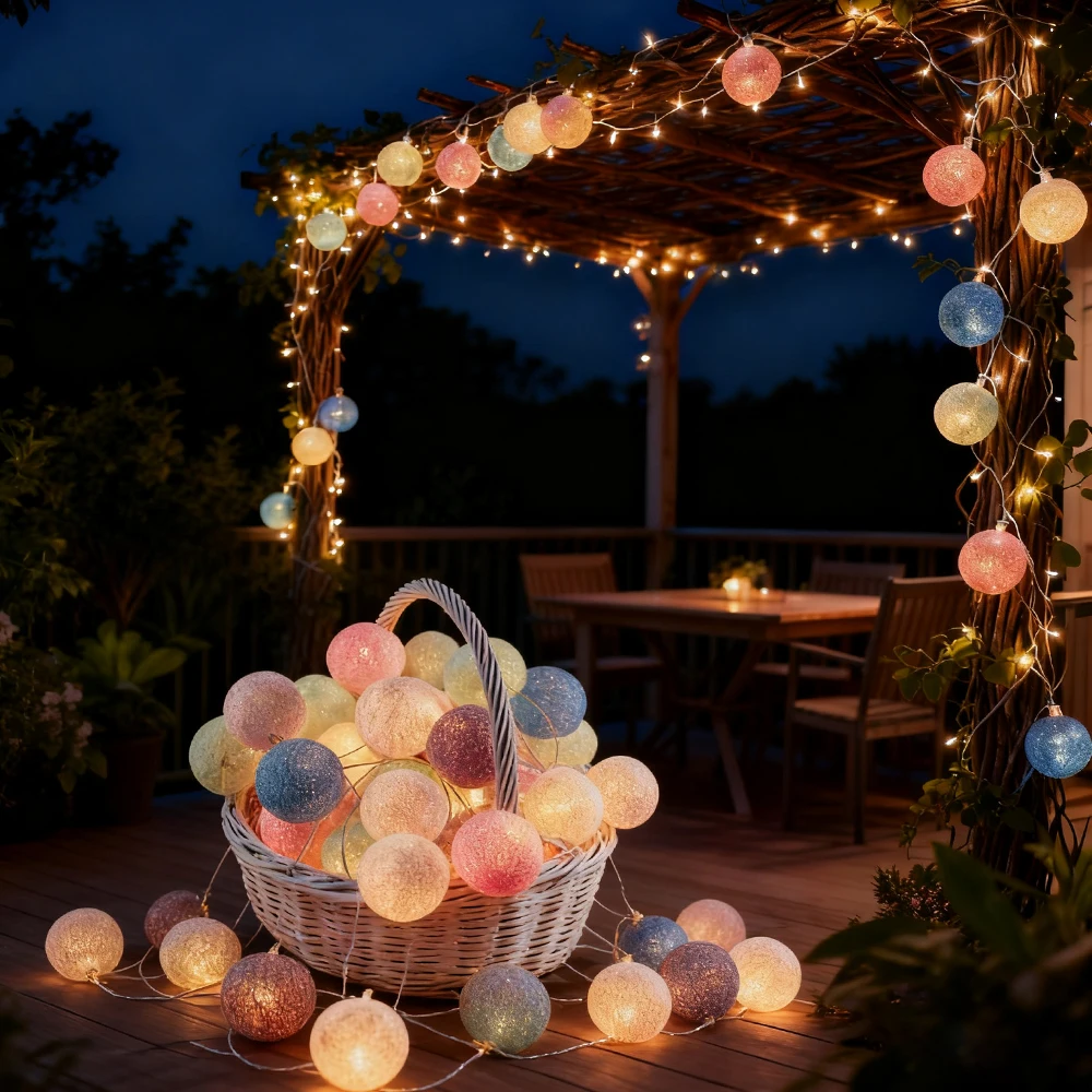 5V Cotton Ball String Lights USB Battery Powered 1.5m 3m 6m Fairy Lighting 10 20 40 LEDs/m Wedding Christmas Party Garden Decor